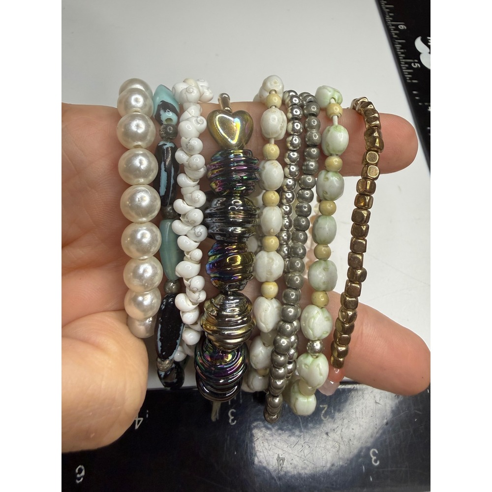 Multi Strand Beaded Stretch Bracelet Lot 9pc Faux Pearl Shell Heart Metallic